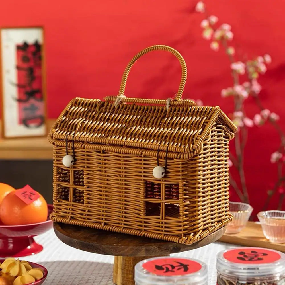 House Shaped Lidded Wicker Basket
