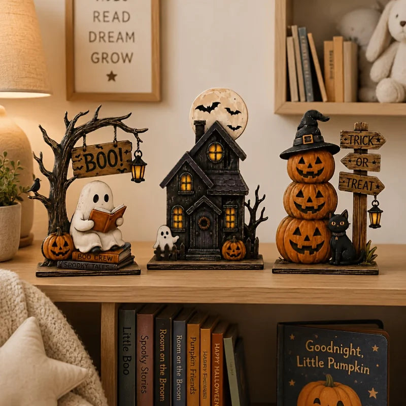Retro Wooden Ghost, Cat and Pumpkin Blocks