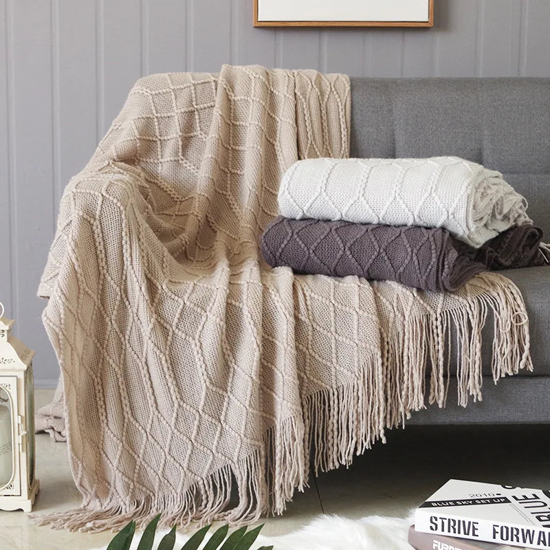 Nordic Knitted Throw Blanket with Tassels Vintage Luxury Bed Sofa