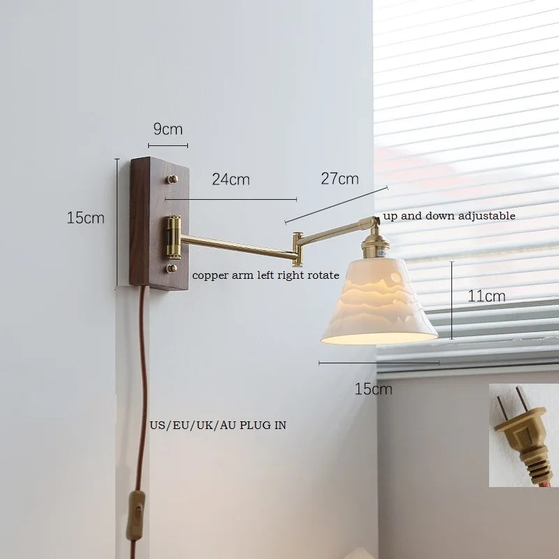 IWHD Walnut Ash Wood Canopy LED Wall Light Fixtures Pull Chain Switch Copper Arm Left Right Rotate Bedroom Beside Lamp Sconce