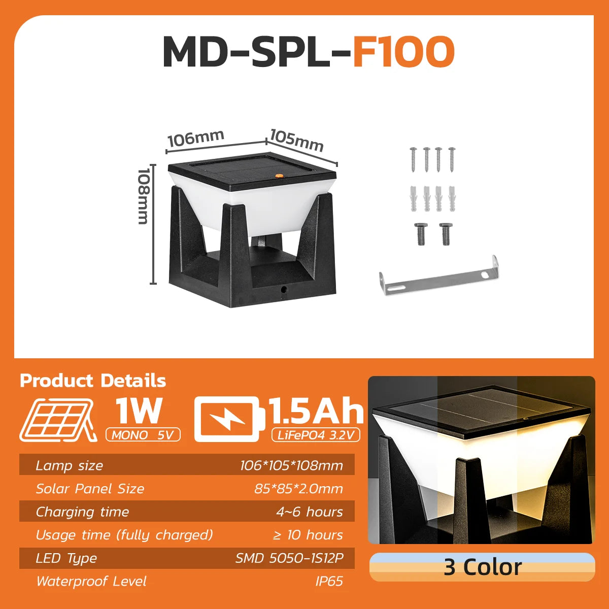 3-Color Solar Post Light IP65 Waterproof Outdoor Garden Yard Pathway