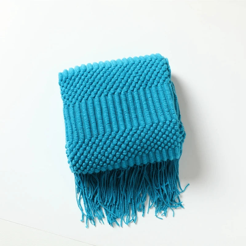 Khaki Gift Knitted Blanket with Tassels Chunky Vintage Luxury