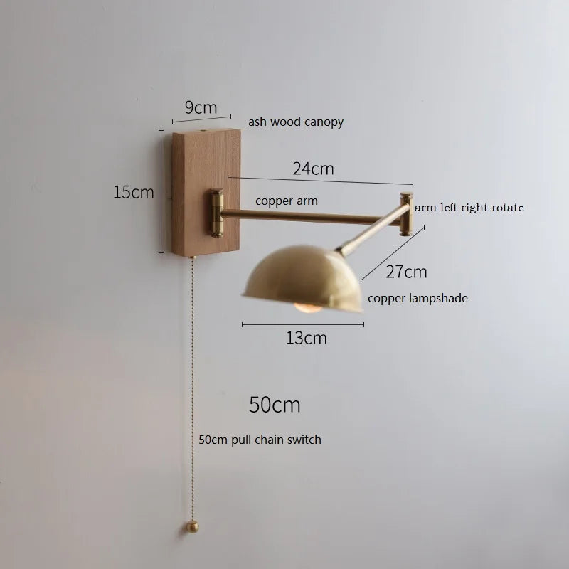 IWHD Walnut Ash Wood Canopy LED Wall Light Fixtures Pull Chain Switch Copper Arm Left Right Rotate Bedroom Beside Lamp Sconce