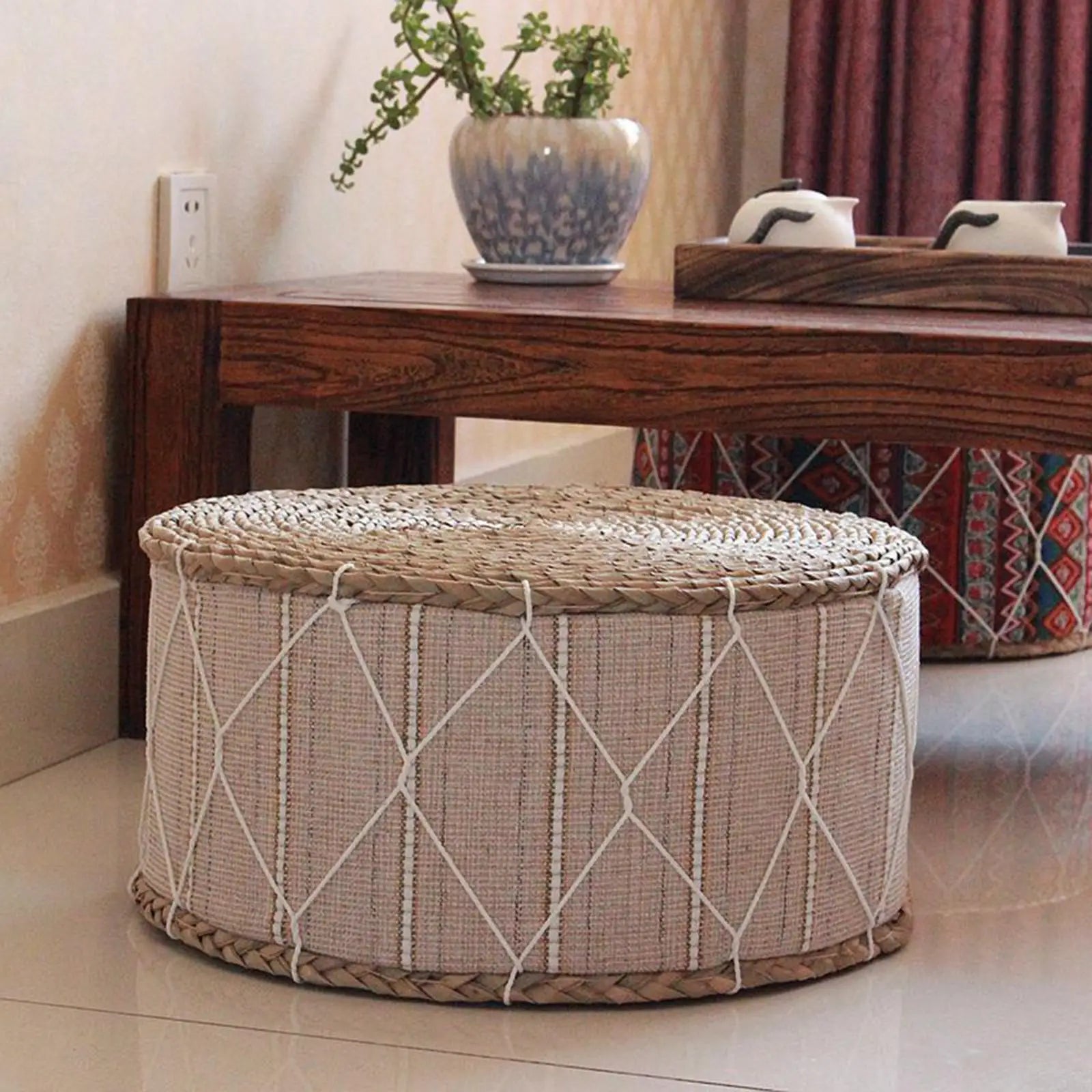 Straw Futon Pouf Floor Cushion Woven Straw Pouf  Tatami Cushion Zafu Floor Cushion Mat Yoga Meditation Seat Durable Furniture
