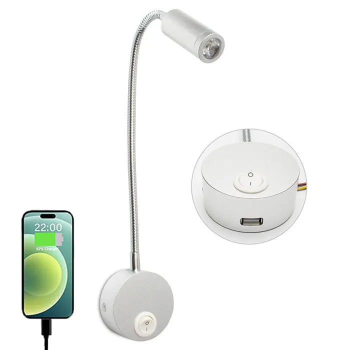 Bronze 3W LED Reading Light Black White Silver Gooseneck Wall Lamp