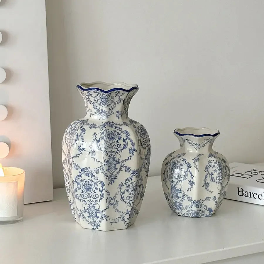 Vintage Hand Painted Blue and White Porcelain Vase