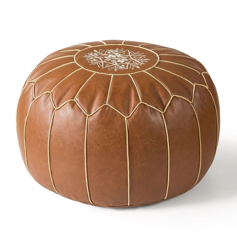 Embroidered Moroccan Leather Pouf Cover