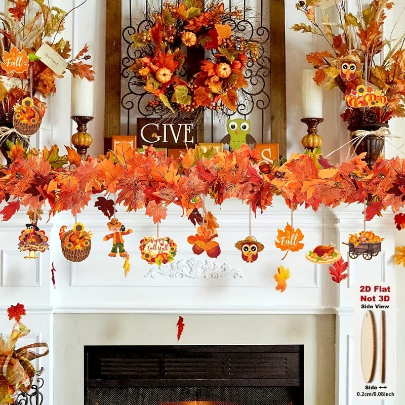 Wooden Pumpkin and Maple Leaf Hangings, Set of 10