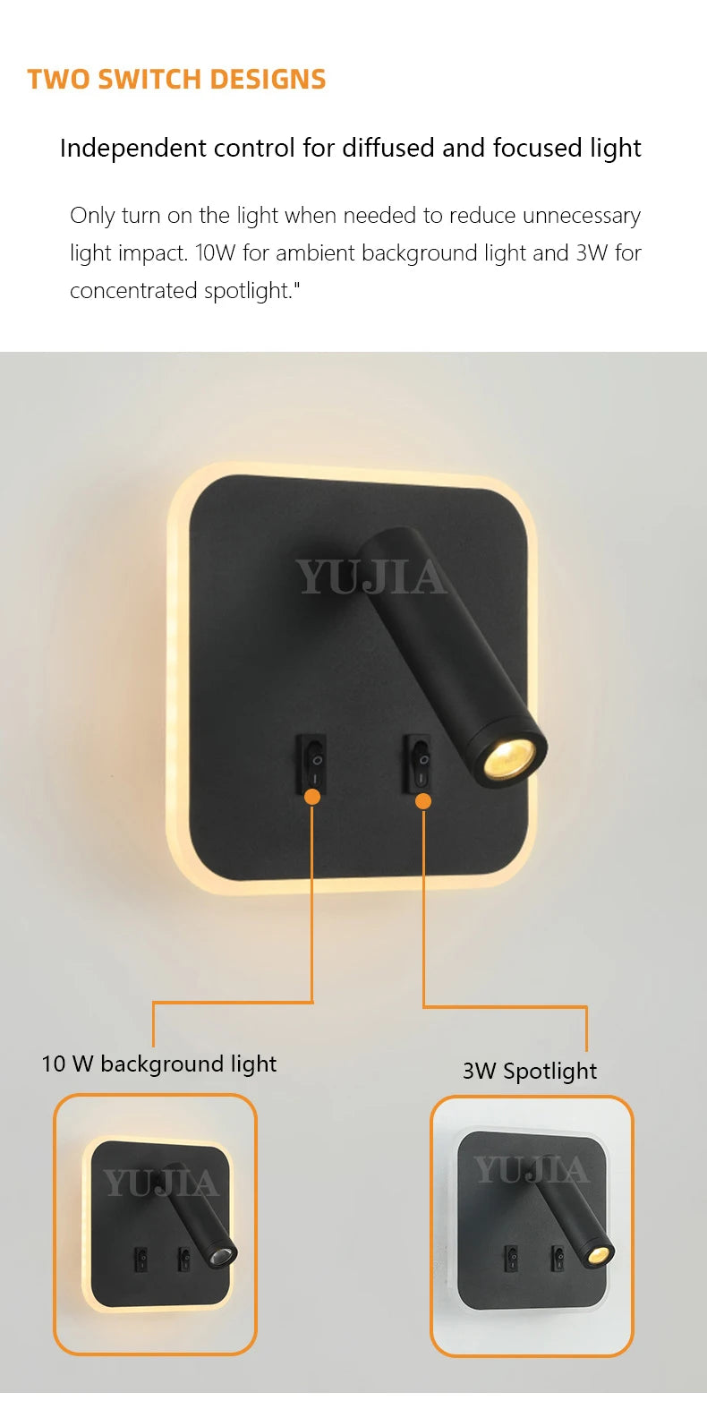 Modern Led Wall Sconce Reading Light 2 Switches Type-A & Type-C USB