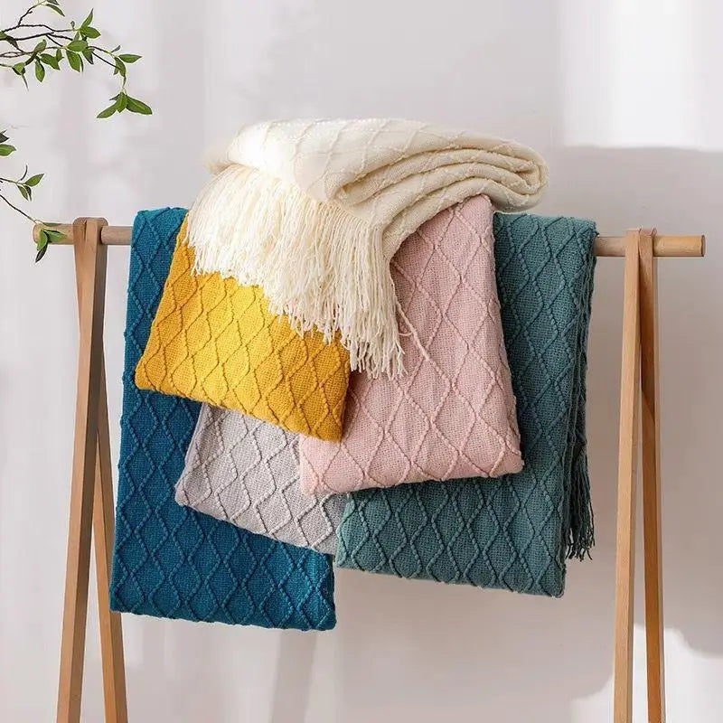 Khaki Gift Knitted Blanket with Tassels Chunky Vintage Luxury
