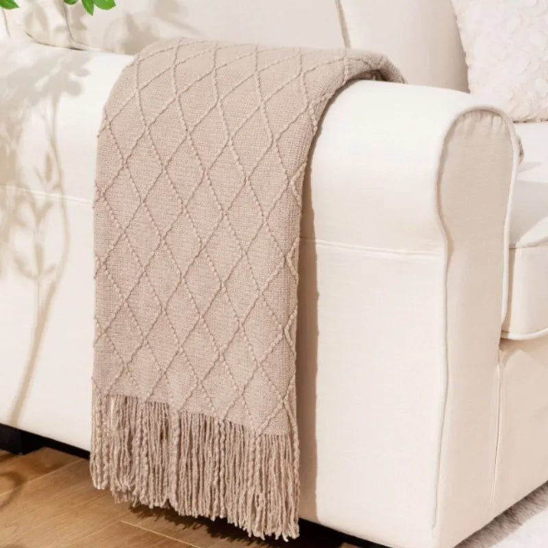 Khaki Gift Knitted Blanket with Tassels Chunky Vintage Luxury