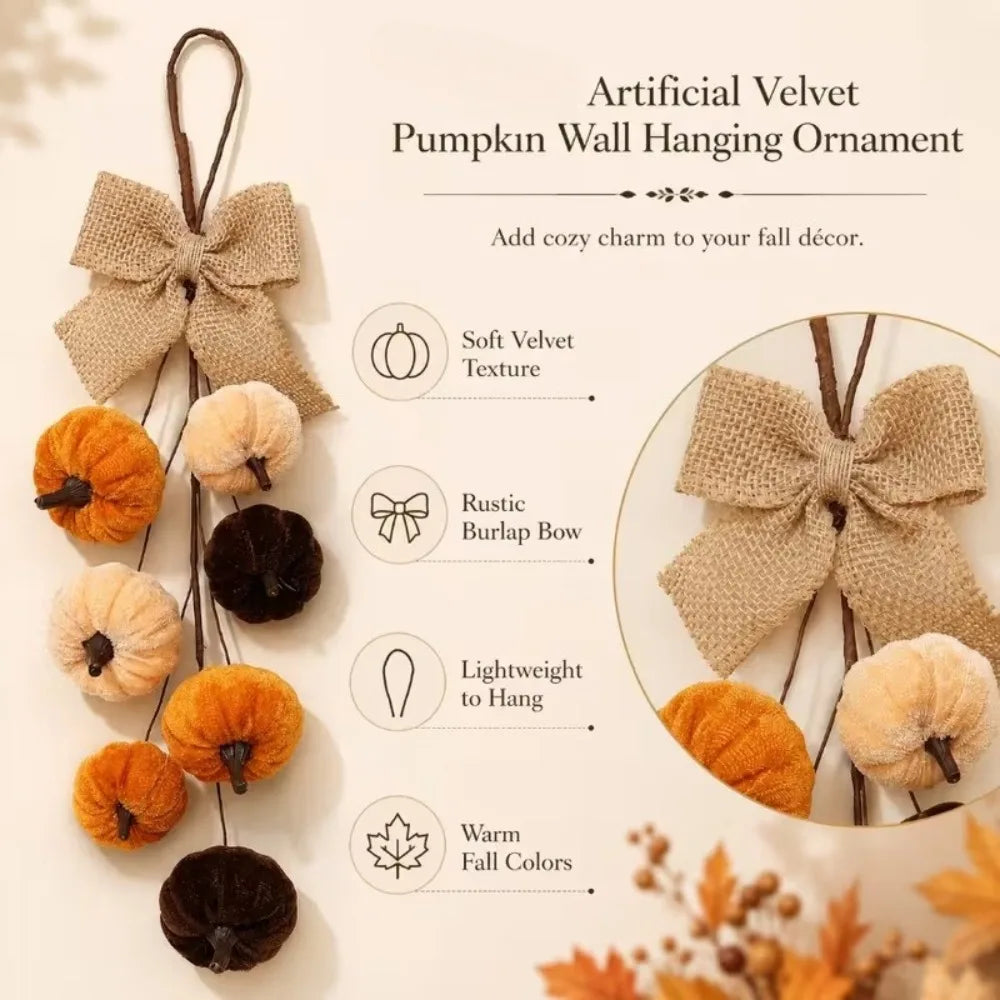 Velvet Pumpkin Hanging Ornament with Burlap Bow