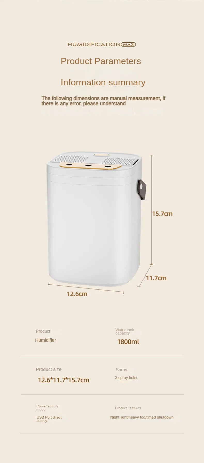 Three nozzle night light humidifier 1.8L large capacity dual filter