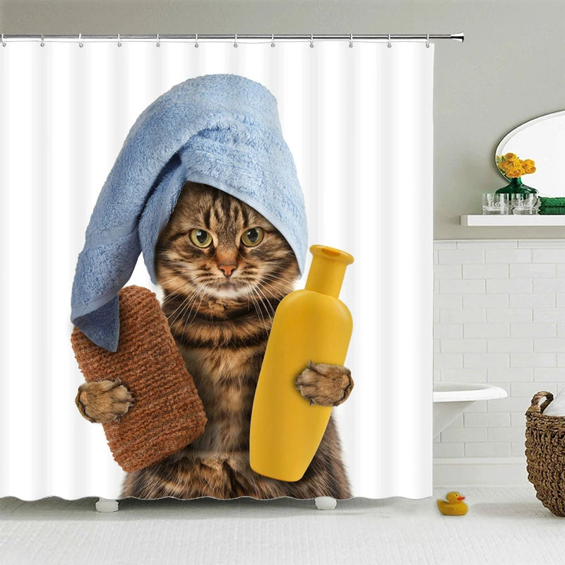 Funny Shower Curtains Bathroom Curtain With Hooks Decor Waterproof Cat