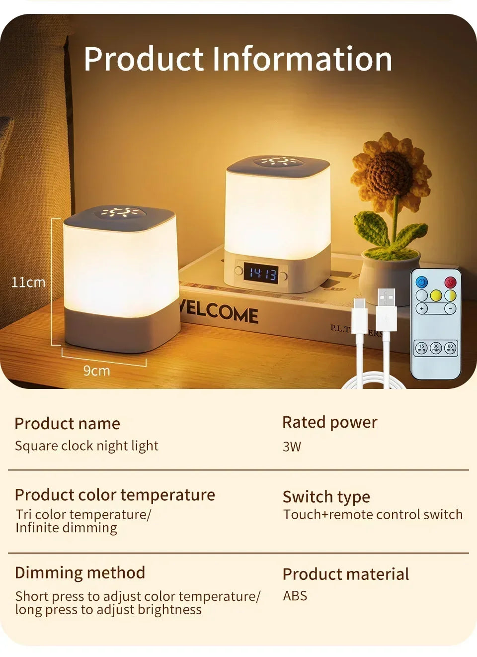 Bedside Night Light Rechargeable Reading Desk Lamp with Clock Time