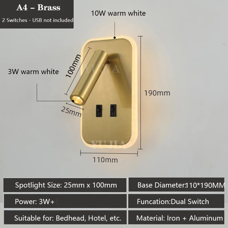 Modern Led Wall Sconce Reading Light 2 Switches Type-A & Type-C USB