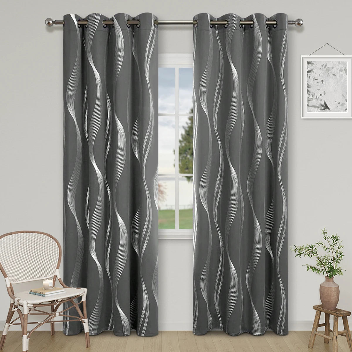 1pc High Precision Silver Embossed Wave Pattern Blackout Curtains