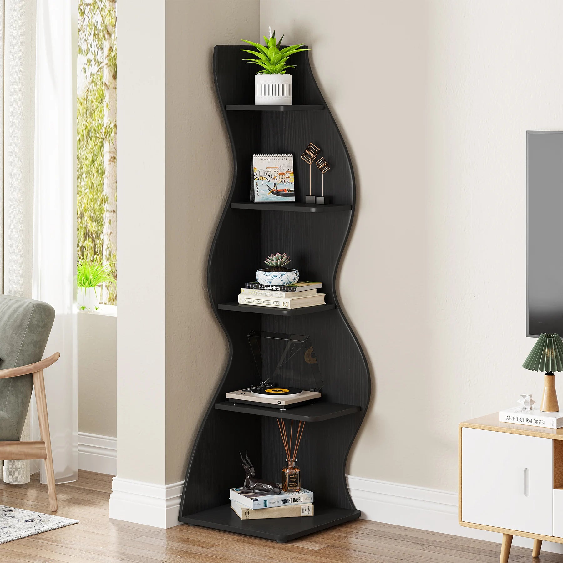 Five Tier Wavy Corner Bookshelf