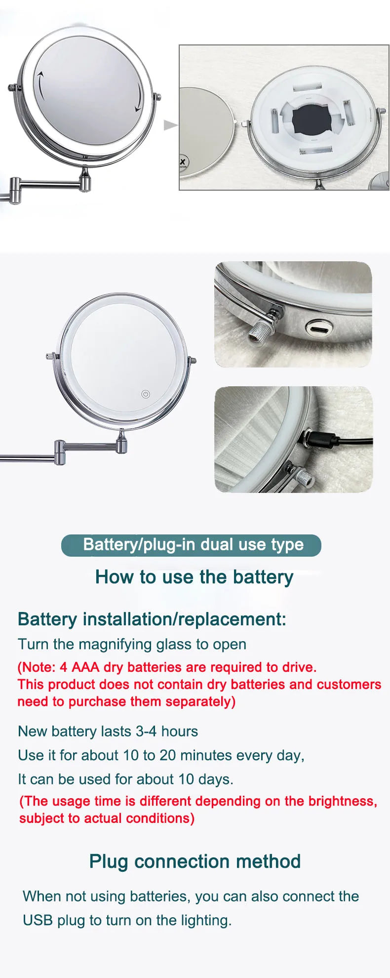 Wall Mounted Folding Makeup Mirror, Double Sided with Fill Light
