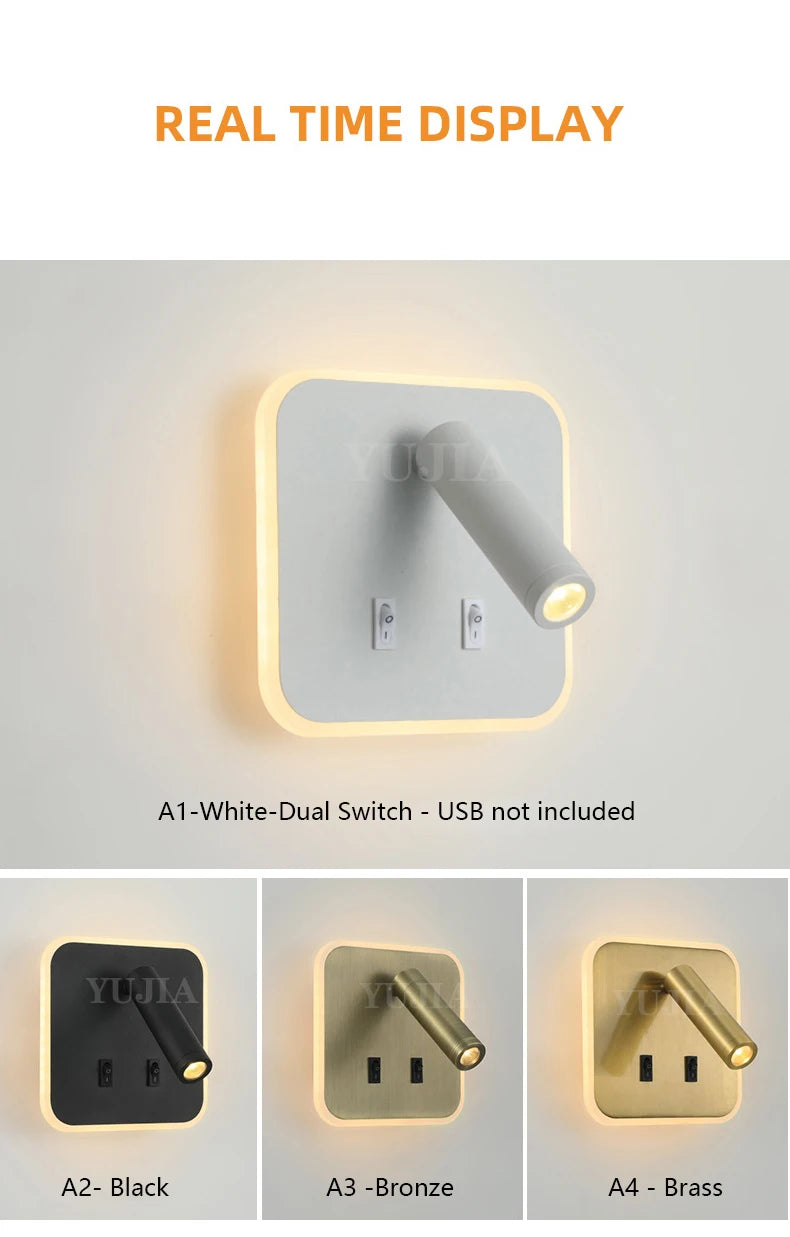 Modern Led Wall Sconce Reading Light 2 Switches Type-A & Type-C USB