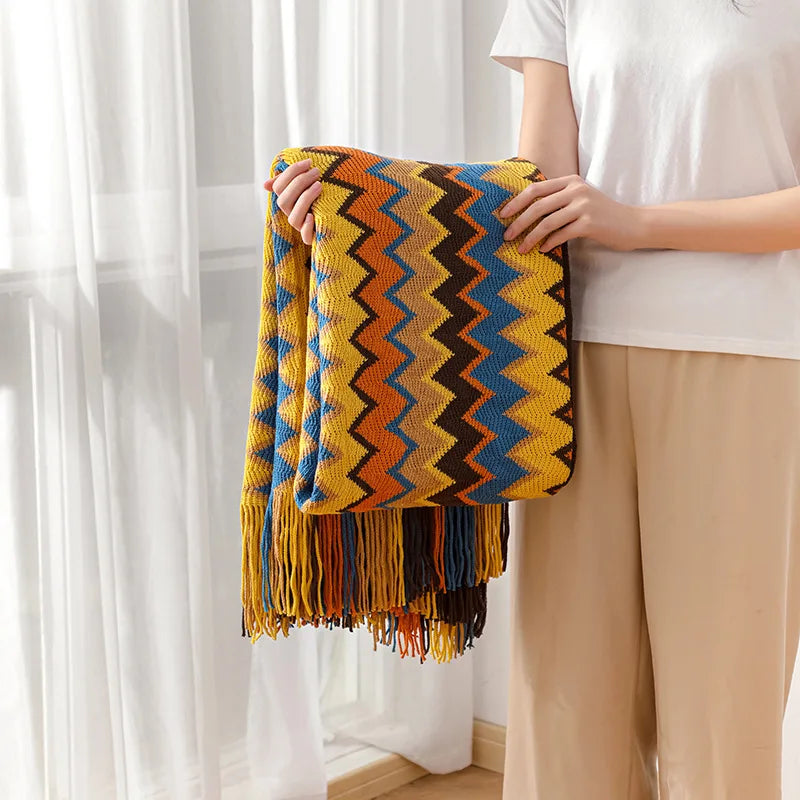 Boho Striped Knit Throw Blanket