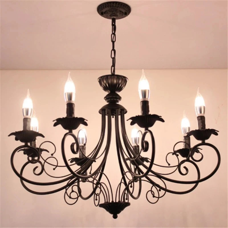 Classic Europe Wrought Iron Chandeliers E14 Candle Light Vintage Black