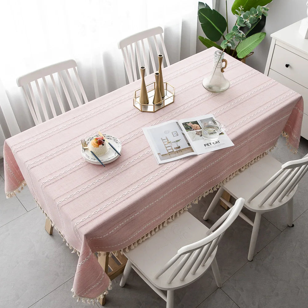 Cotton Linen Stripe Tassel Tablecloth Stain Resistant Dust-Proof Table