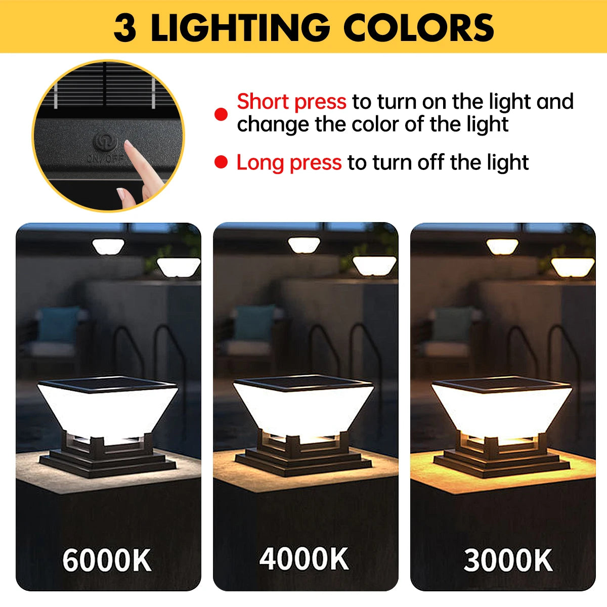 Solar Column Light Auto Night on Day Off 3 Colors IP65 Waterproof