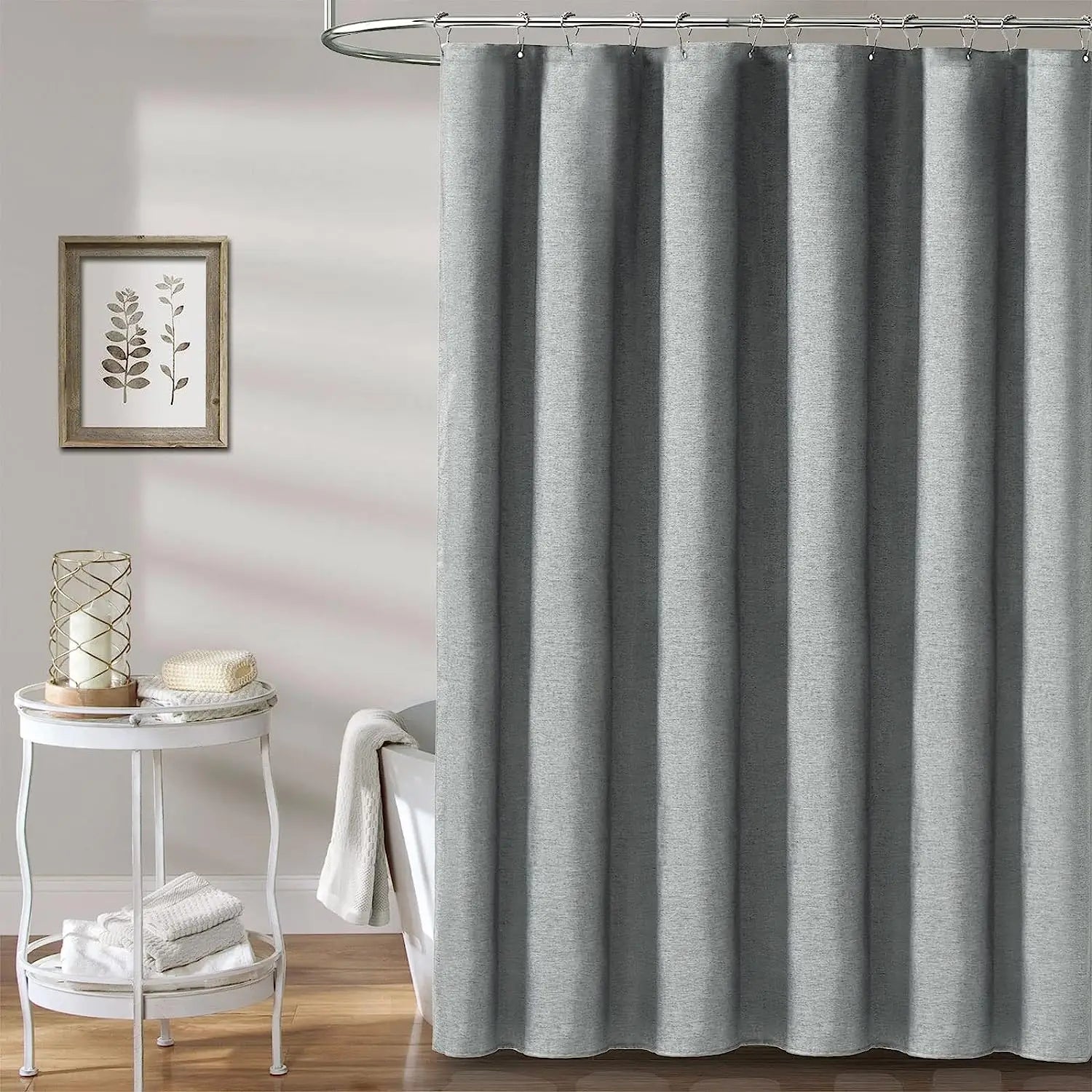 Luxury Linen Shower Curtain with Silver Metal Hooks Bathroom Waterproof