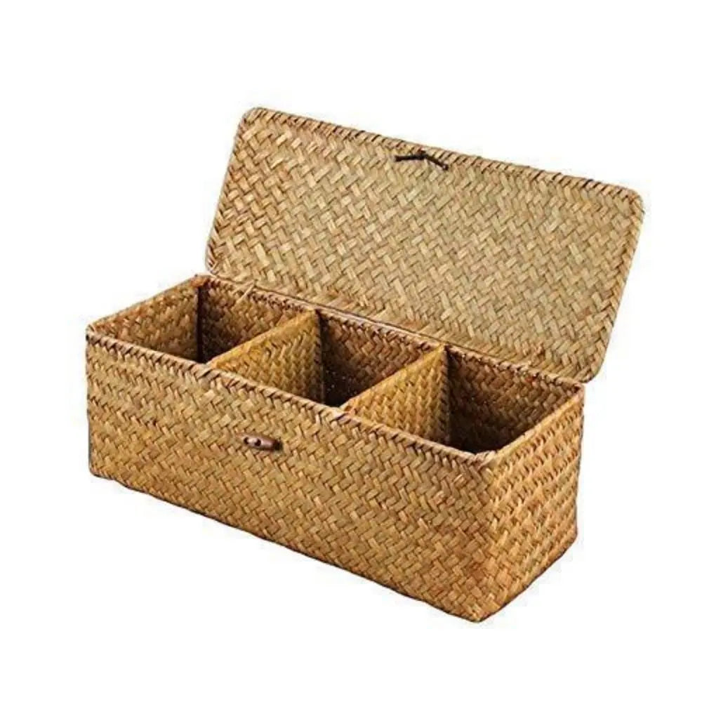 3 Compartment Woven Storage Basket with Lid