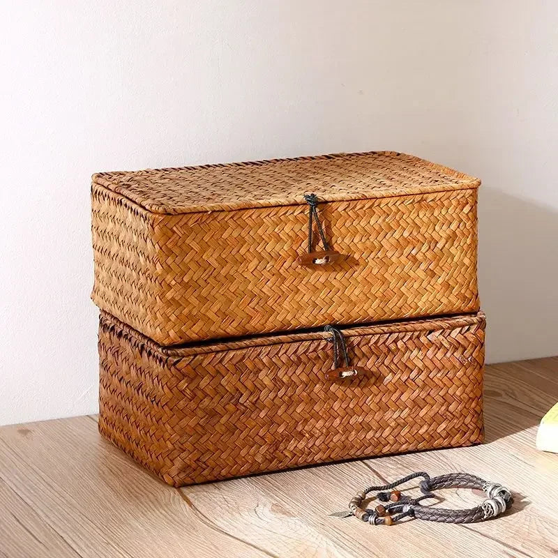Handmade Straw Woven Vintage Storage Rack Basket Desktop Box
