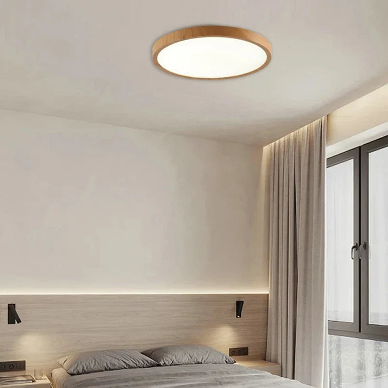 Modern LED Ceiling Light Circular Ultrathin Wood Grain Walnut
