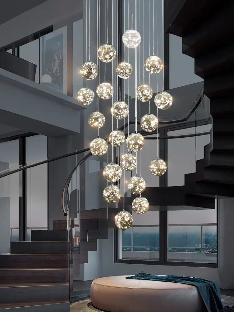 Cascading Glass Globe Chandelier, Staircase Suspension Light