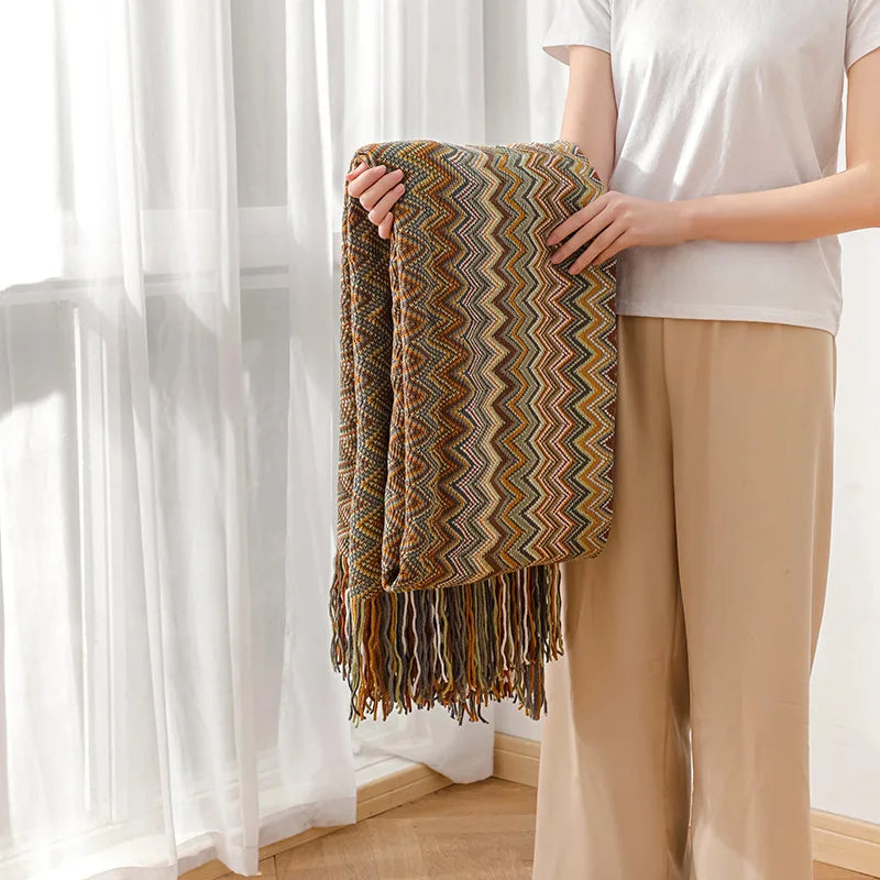 Boho Striped Knit Throw Blanket