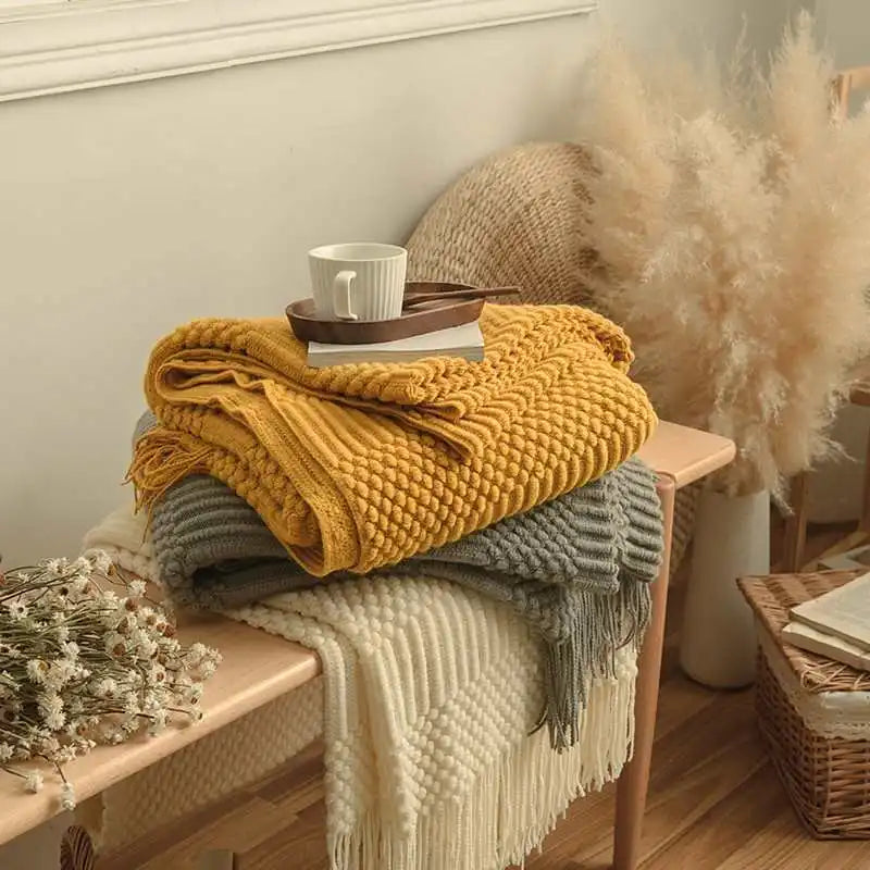 Khaki Gift Knitted Blanket with Tassels Chunky Vintage Luxury