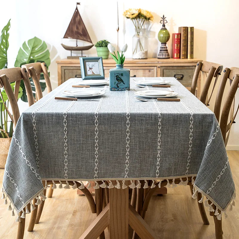 Cotton Linen Stripe Tassel Tablecloth Stain Resistant Dust-Proof Table