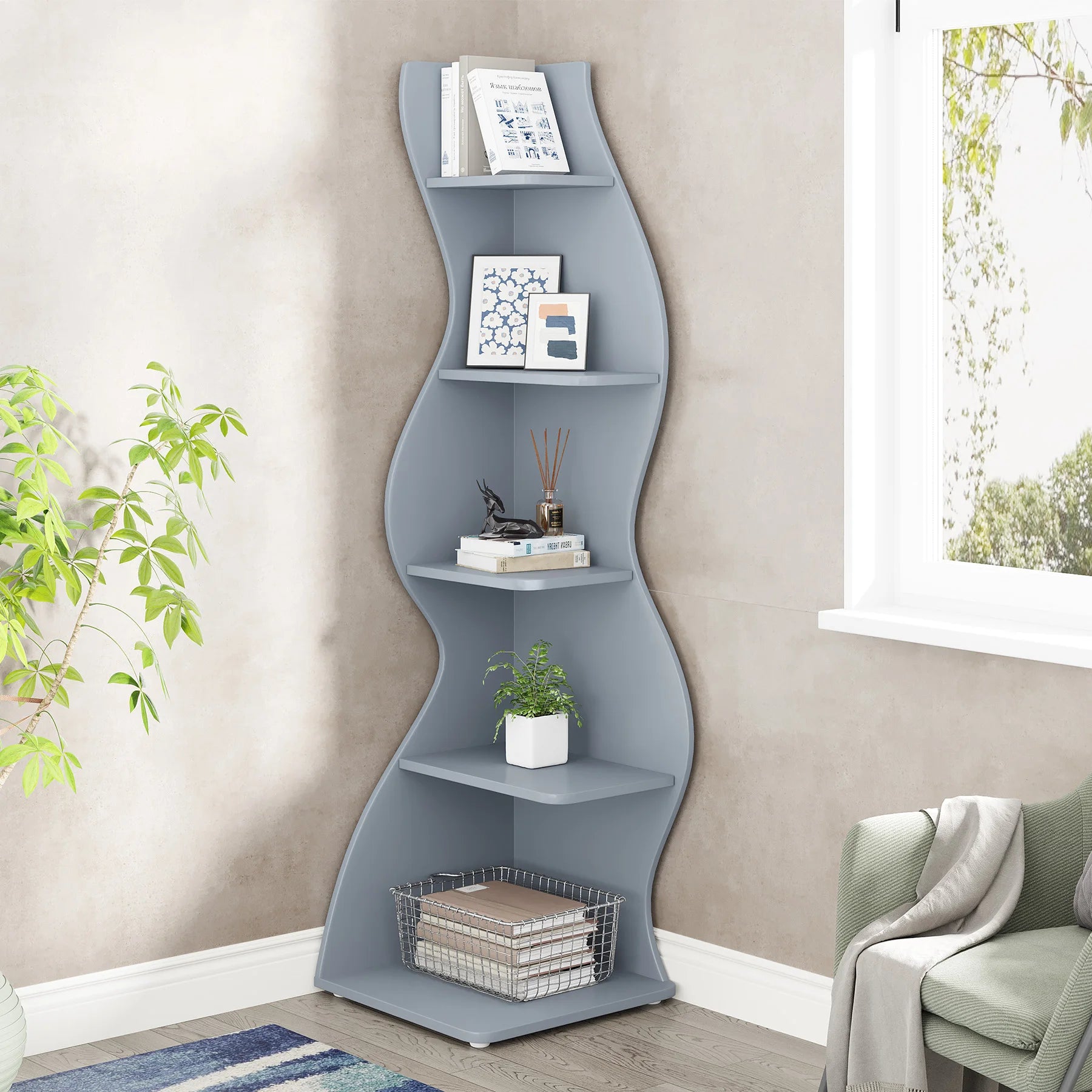 Five Tier Wavy Corner Bookshelf
