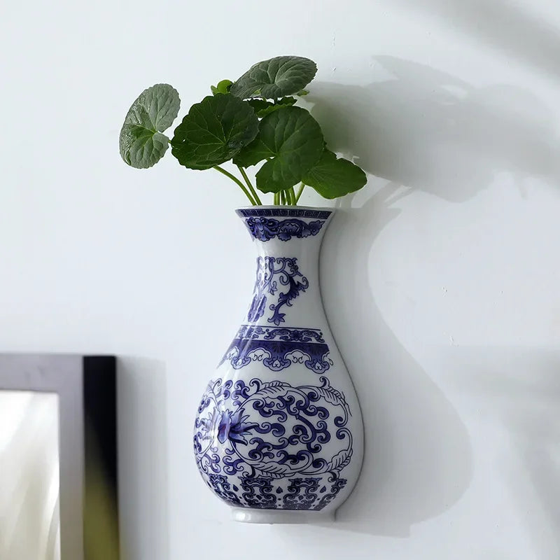 Ceramic vase, antique blue and white porcelain flower container