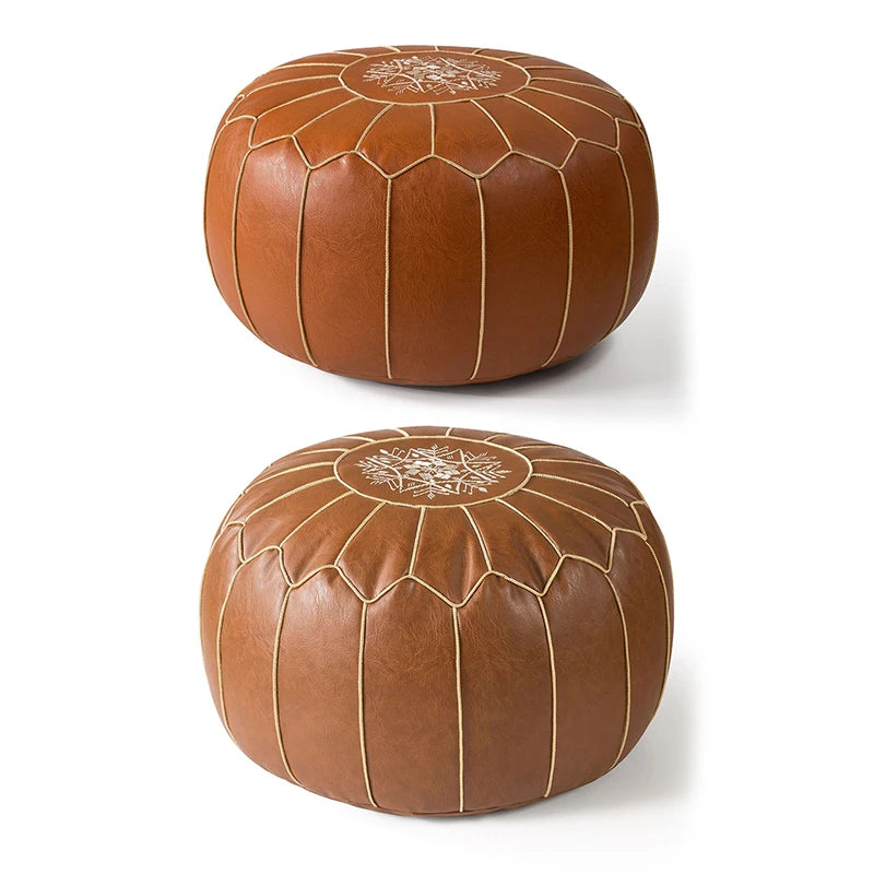 Embroidered Moroccan Leather Pouf Cover