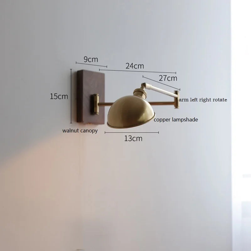 IWHD Walnut Ash Wood Canopy LED Wall Light Fixtures Pull Chain Switch Copper Arm Left Right Rotate Bedroom Beside Lamp Sconce