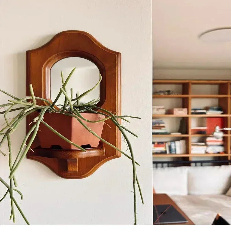 Vintage Solid Wood Wall Mirror with Shelf and Candlestick