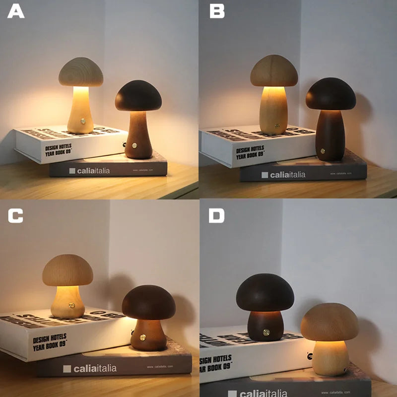 Wooden Mushroom Touch Night Light