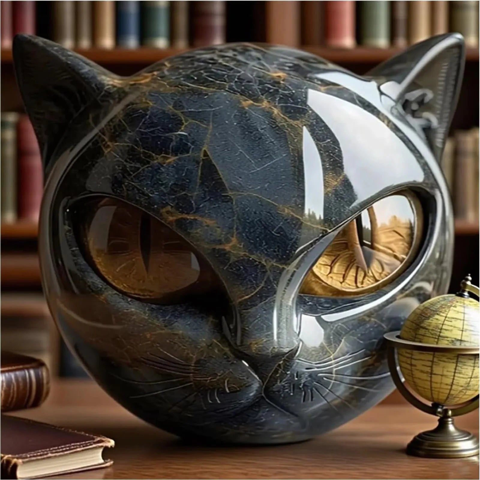 Decorative Black Cat Stone Figurine Resin Cat Head Healing Stone Marble