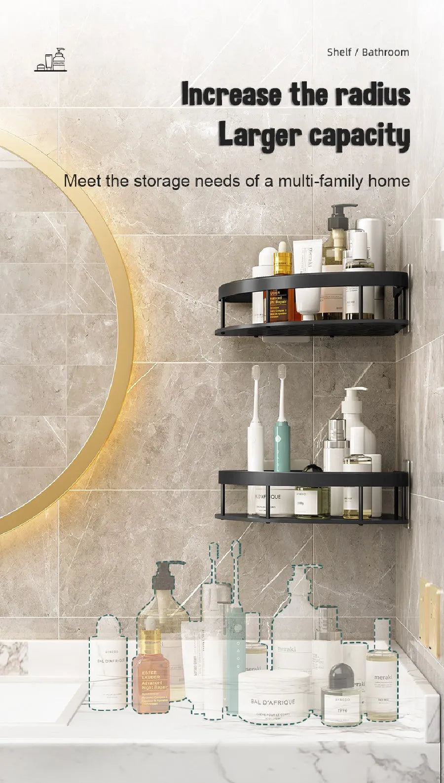 No-Drill Aluminum Corner Shower Shelf, Set of 3
