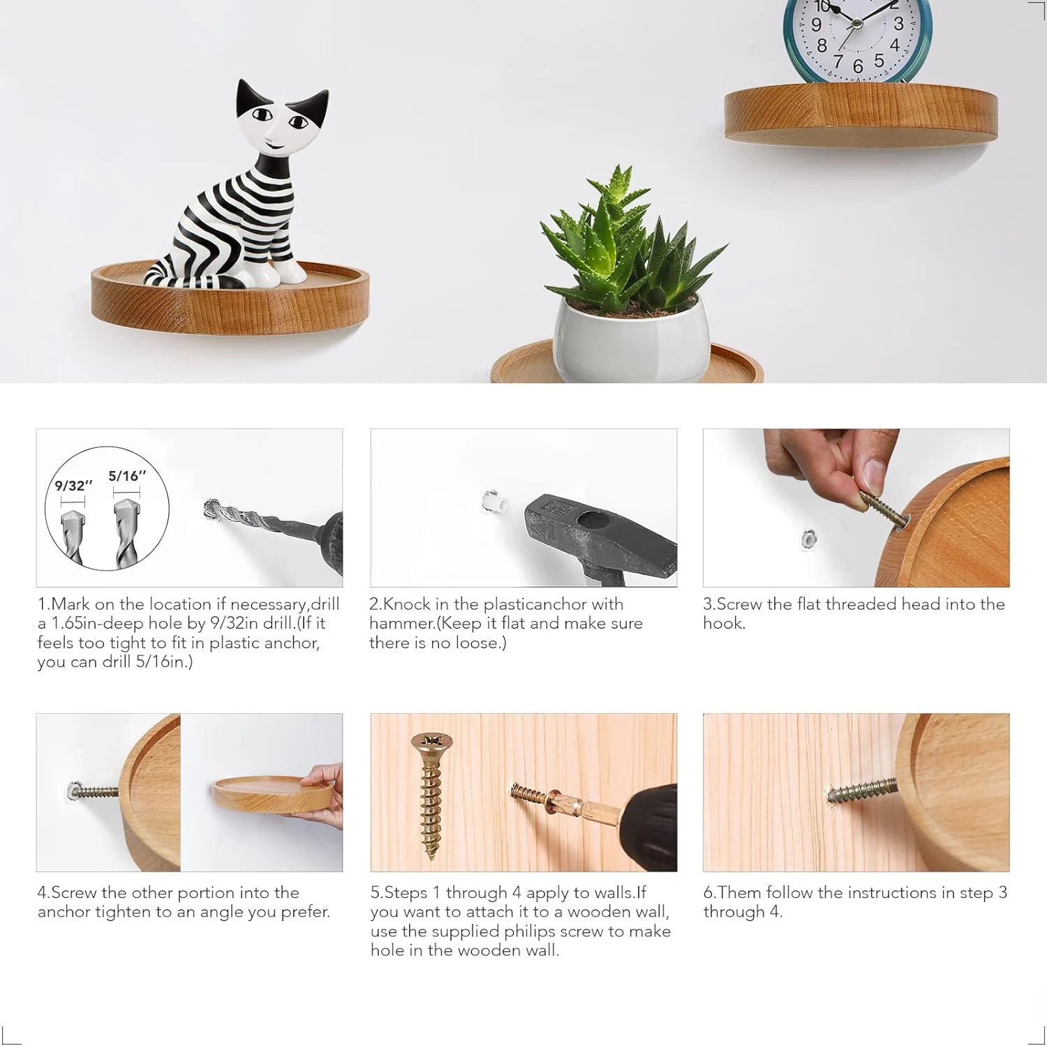 Round Oak Floating Wall Shelves, Set of 3 or 6
