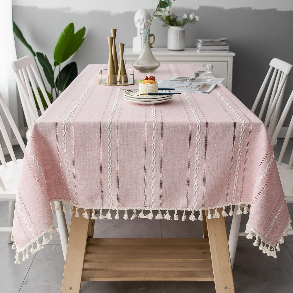 Cotton Linen Stripe Tassel Tablecloth Stain Resistant Dust-Proof Table
