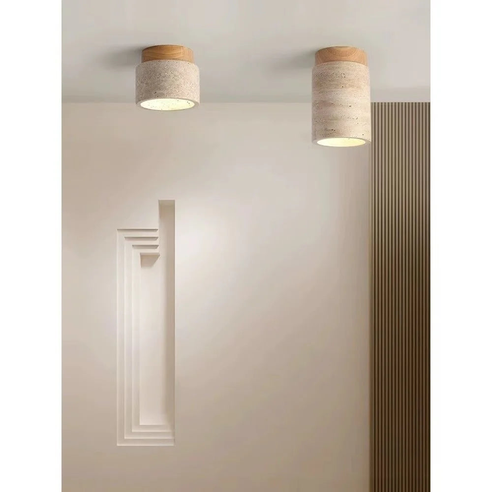 Travertine Wood Round Ceiling Light