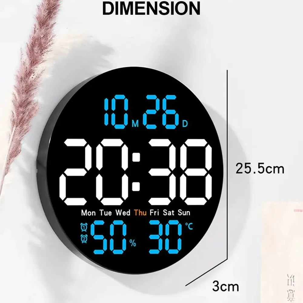 Remote Control LED Wall Clock Dual Alarms Calendar Temperature Display
