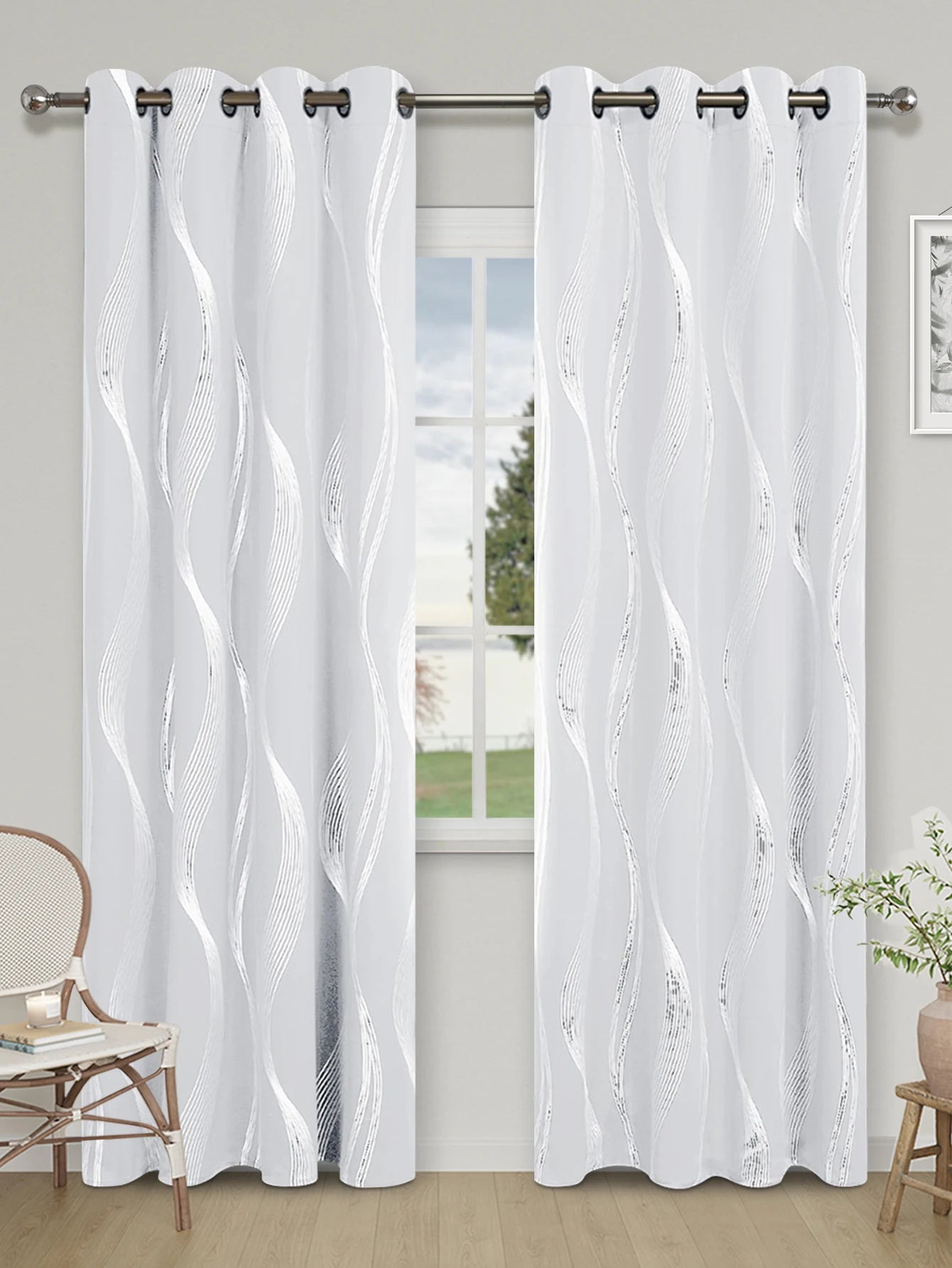1pc High Precision Silver Embossed Wave Pattern Blackout Curtains