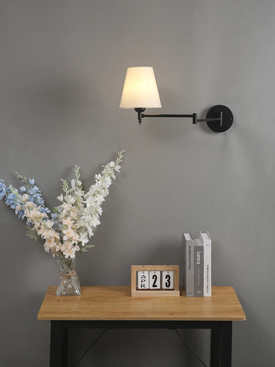LED American Wall Lamp Folding Swing Arm Fabric wall light Bedroom Bedside Living Room Study StairwayMirror front wall lamp